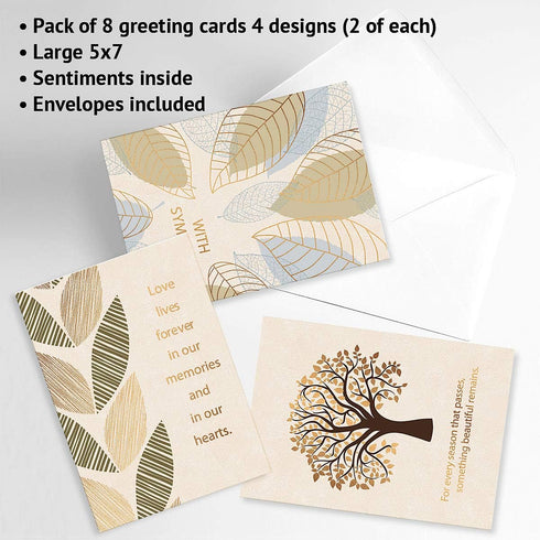 Foil Falling Leaves Sympathy Cards, Set of 8 (4 designs), Large 5" x 7", Sympathy Cards with Sentiments Inside,