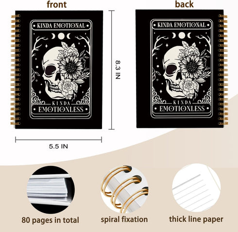 Tarot Skull Moon Sun Notebook, Kinda Emotional Kinda Emotionless Motivational Skeleton Journals, Flower Hardcover