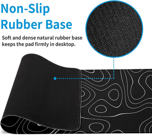 Large Topographic Map Gaming Mouse Pad for Desk, Black Desk Pad with Non-Slip Rubber Base, Desk Decor