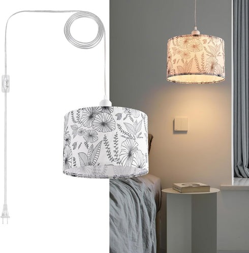 2 Pack 15Ft Plug in Pendant Light, Hanging Light with Clear Cord, On/Off Switch, Flower Fabric Lamp Shade, Hanging