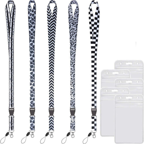 YOUOWO 5 Pack Black & White Cruise Lanyards with Vertical ID Badge Holder for Office, Waterproof ID Card