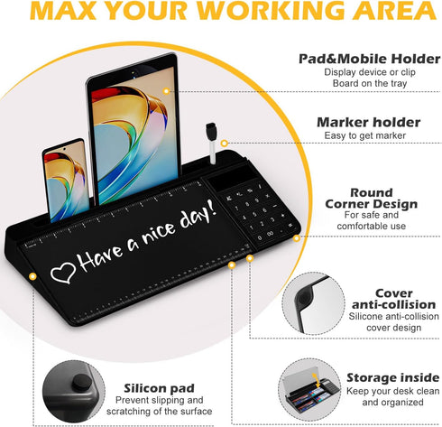 Desktop Glass Whiteboard with Ruler Marker, Calculator (12 Digit LCD Display), Tilted Keyboard Stand, Black