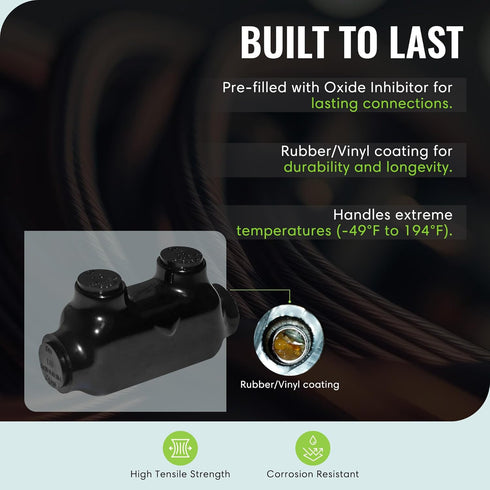 Black Insulated Multi-Tap Connector - 2 Wire Port Electrical Wire Connectors, 350-6 Wire Range, Dual-Rated