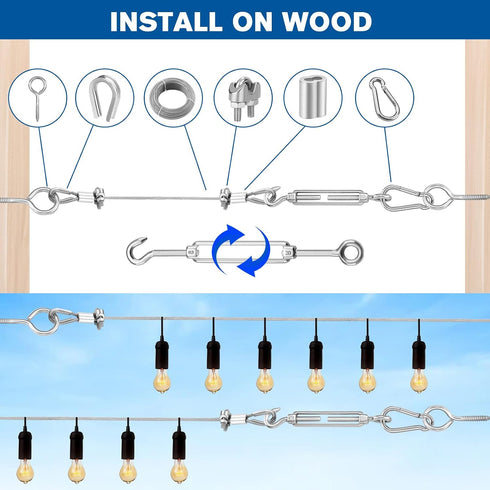 220FT 1/16" 304 Wire Rope Kit - String Light Hanging Kit Vinyl Coated Stainless Steel Cable with Turnbuckles for String