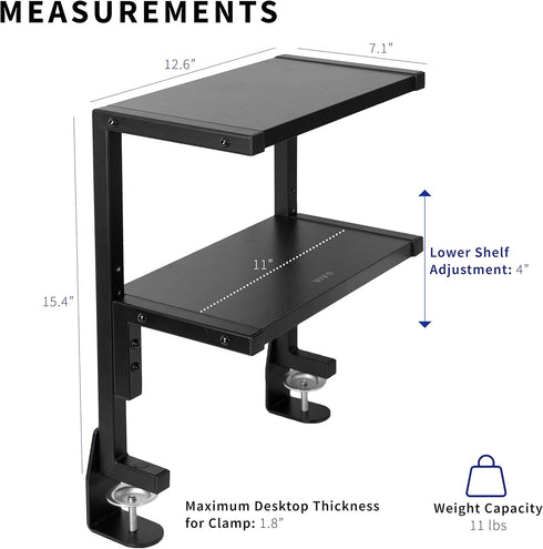 VIVO Clamp-on 2-Tier Shelving Unit, 13 Inch Above or Below Desk for Table Accessories, Gaming Devices, Black,