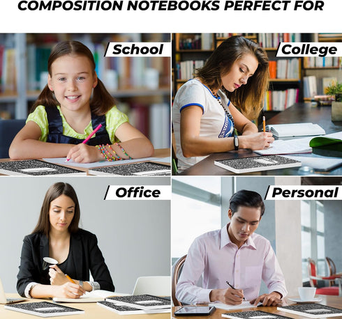 College Ruled Composition Notebooks, 5 Pack, 200 Pages (100 Sheets), 9-3/4" x 7-1/2", White & Black Marble, Hard Cover