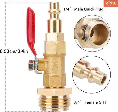 RV Winterize Blowout Adapter Kit with 1/4" Male Quick Connect Plug, 3/4" Male GHT Thread, Ball Valve & 2 Washers