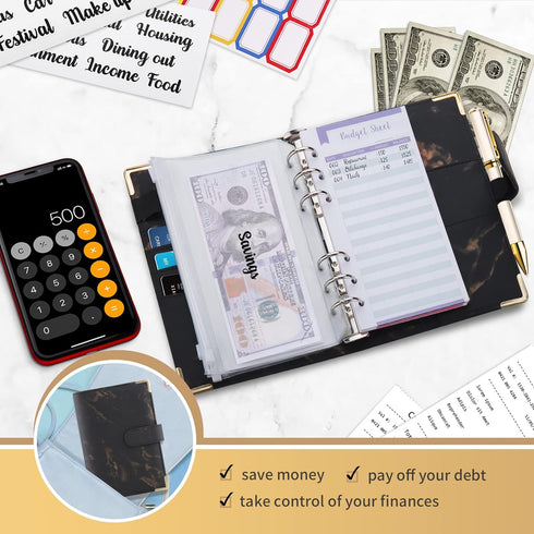 Onlyesh Budget Binder with Cash Envelopes, 28Pcs Money Organizer for Cash, Marble 6-Ring Money Saving Binder (Black).