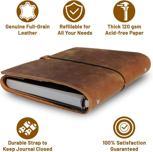 Refillable A5 Leather Binder Journal - 8.5x6" 6 Ring Organizer with Pockets, Hand-Crafted Genuine Leather Folio