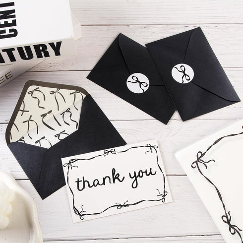 Quera 24 6 4 Inches Pcs Black Bow Thank You Cards Greeting Cards with Envelope for Baby Shower Invitations Bridal