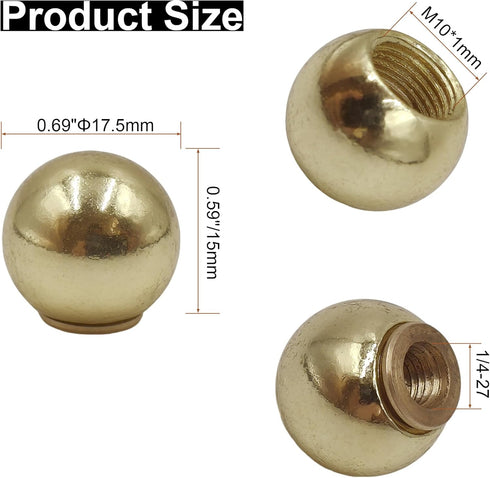 MA&J 0.69/17.5mm 2 Pack Ball Lamp Finials Caps Knob, Solid Brass lamp Shade toppers screw with Brass Reducing Adapter