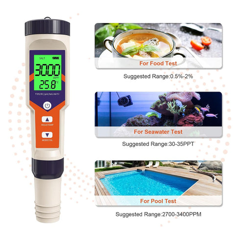 5 1 Digital PH Water Tester, in PH/TDS/EC/Salt/Temp Meter, a Practical Portable Meter for Pool, Aquarium, Drinking