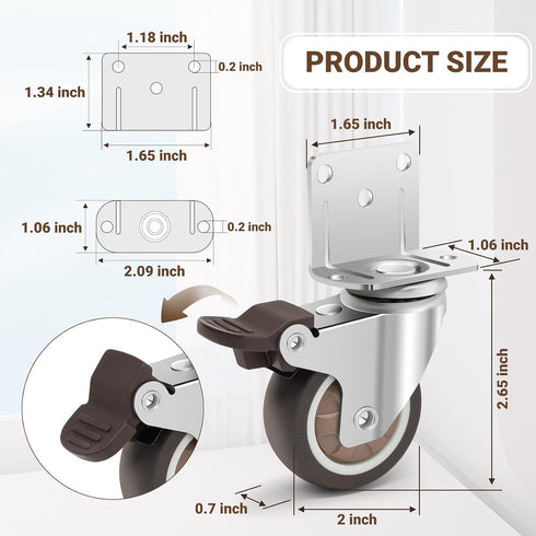 2 Inch Set 4, 600 LBS, 360 Side Mount Casters of L-Shaped Silent Rubber Casters Degree Swivel Castors with Brakes