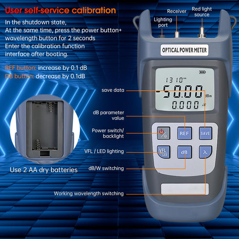 Fiber Optical Power Meter with 10Km Light Source, SC FC Connector, -50~26dBm, 10 Wave Lengths, Optic Test Equipment