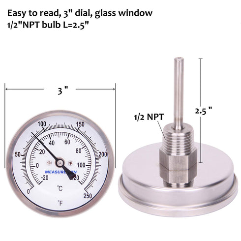 Measureman Fully Stainless Steel Pot, Kettle, Brewing Bimetal Thermometer, 3" Dial, 0-250 deg F, Adjustable