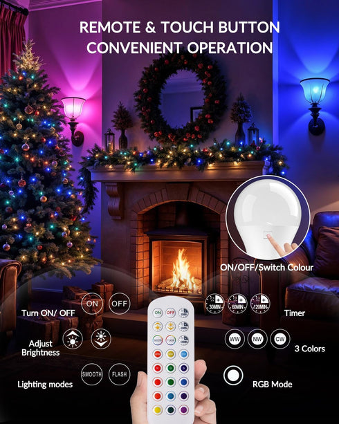 E26 Bulb Bulb,RGB 3 Temperature,Dimmable Bulb Lamps,2 Pack(4.86" Rechargeable Light with Remote Control,Battery Light