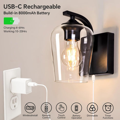 Dimmable Bulb Battery Operated Wall Sconce, Rechargeable Magnetic Wall Lamp with Remote Control, LED & Clear Glass