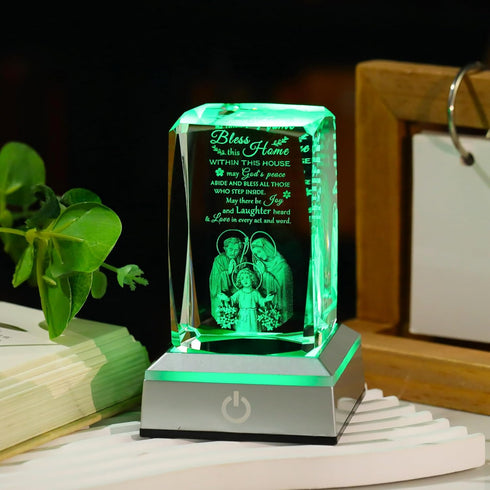 Movdyka House Warming Gifts New Home, Bless This Home Laser-Engraved Crystal Cube with Color-Changing LED Base