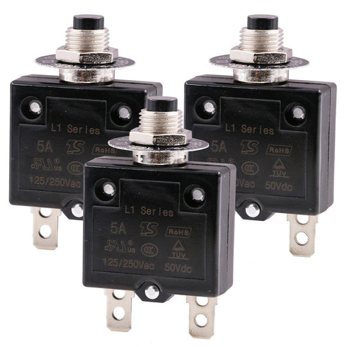 Thermal Circuit Breaker 5 Amps, Thermal Overload Protector L1 Series 125-250V AC 50V DC Push Button Manual Reset Circuit Breaker (3PCS