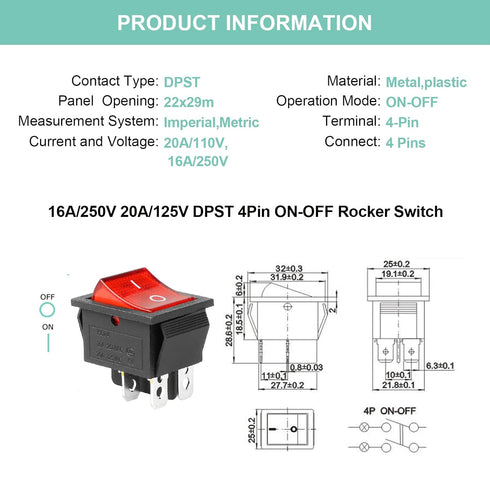 QTEATAK 2Pcs DPST 4 Pins 20A/125V 15A/250V Boat Rocker Toggle Switch with Red LED Light, 2 Position ON/OFF
