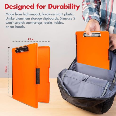 Dexas Slimcase 2 Plastic Clipboard with Storage, Neon Orange, A4 Holder for Office Supplies and Nursing