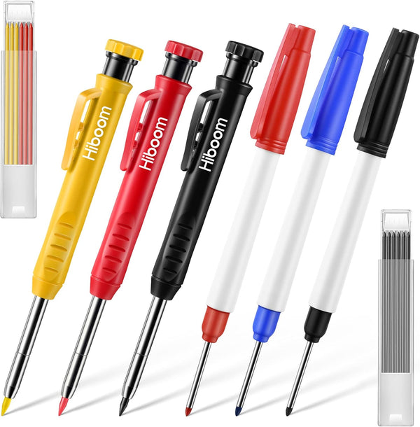 Hiboom Mechanical Carpenter Pencil Set, 3 Pcs with Sharpener and 12 Pcs Refills for Heavy Duty Use