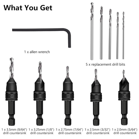 MulWark 82 Countersink Drill Bit Set with 5pcs Free Replaceable HSS Bits for Woodworking - 5 Pack