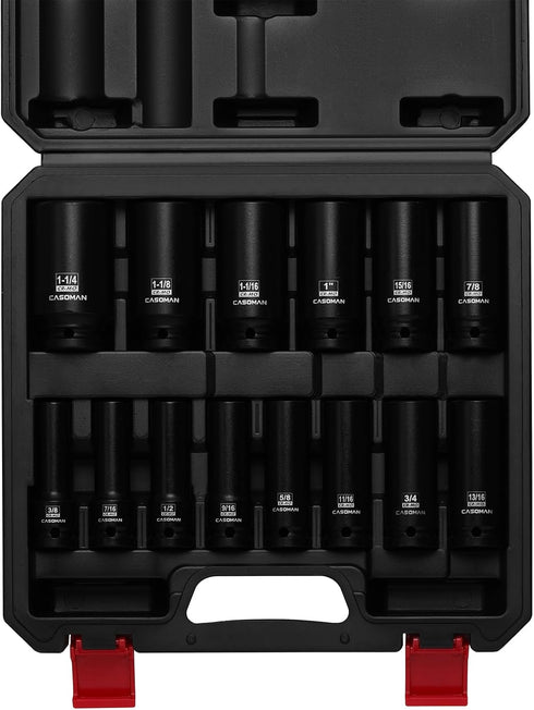 14PCS 1/2" Set, 6-Point, 3/8" 1-1/4", CASOMAN Drive Deep Impact Socket SAE, CR-MO, to for Auto Repair, Mechanic