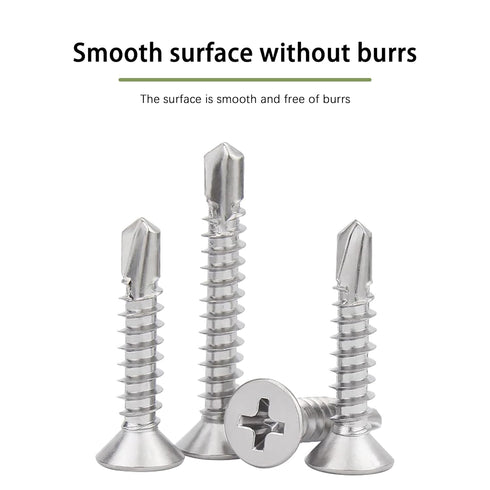 #8 x 1-1/2" Self Drilling Screw, Stainless Steel 410, Flat Head Phillips Wood Screw, 75 Pcs
