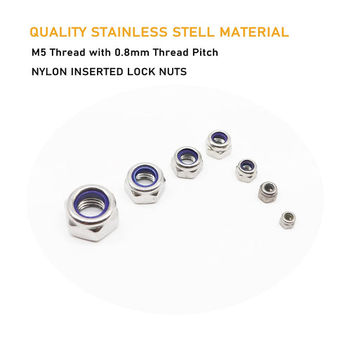 binifiMux 35Pcs M5 0.8mm 5mm 3D x Stainless Steel Self-Lock Nylon Inserted Locking Nuts for Wheels, Printer, Bike