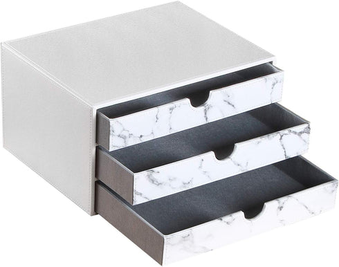 Leather Desk Organizer with 3 Drawers, Executive Office Supplies Desktop Filing Cabinet for Documents, White