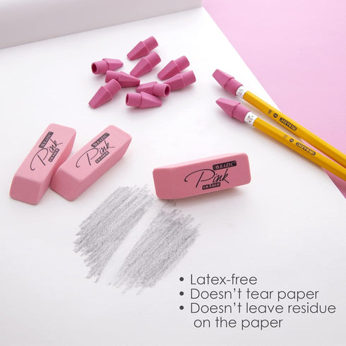 BAZIC Pink Erasers + Pencil Top Erasers Set (15/Pack), Block Erasers, Arrowhead Caps, Latex Free for Art