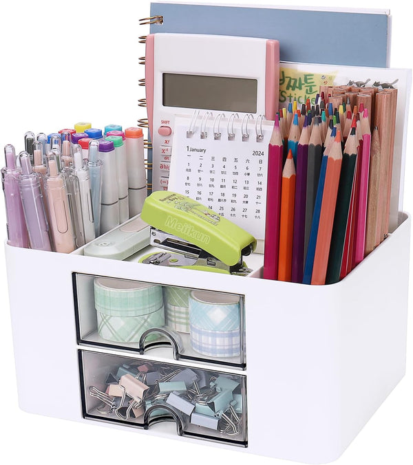 Plastic Pen Organizer, Multifunctional Desk Organizer with 2 Drawers, 4 Compartments for Office, White