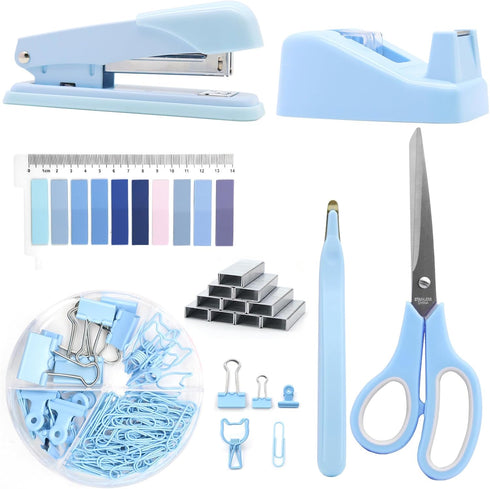 Blue Desk Accessories Set, Stapler and Tape Dispenser Kit, Gift for Students, Women, Coworkers, Boss Lady