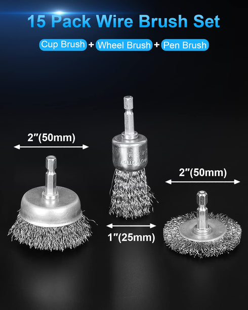 15 Pack Set 1/4-Inch Carbon Steel Wire Wheel Brush, Rocaris Cup Brush, Wheel Brush, Pen Brush with Hex Shank for Rust