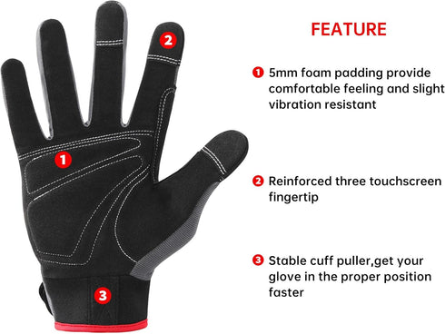 DULFINE Flex Grip Mechanic Work Gloves for Men, Black and Red Utility Safety Gloves, Touch Screen
