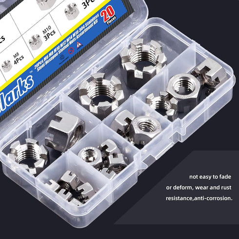 Glarks 20Pcs M6 M8 M10 M12 M14 M16 304 6 Stainless Steel Hexagon Slotted Nuts Assortment Kit, Size Hex Castle Nuts
