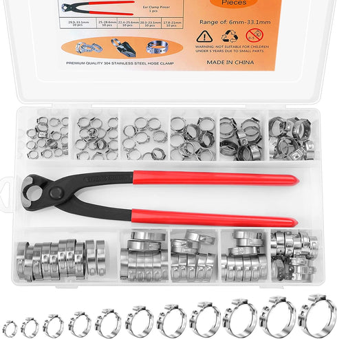 120PCS 11 Sizes Single Ear Hose Clamps, 304 Stainless Steel Stepless Cinch Rings Crimp Assortment Kit with Ear Clamp