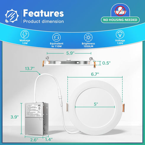 1 Pack 6 Inch 5CCT 2700K/3000K/3500K/4000K/5000K 1050LM 12WEqv110W, FREELICHT Ultra-Thin LED Recessed Ceiling Light