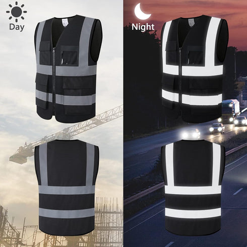 Reflective Safety Vest for Men Women - 8 Pockets and Zipper High Visibility Mesh Construction Work Vest (KZ170-Black,