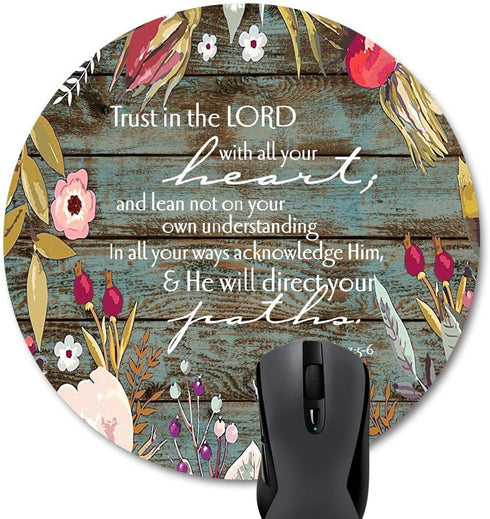 Bible Verses Scripture Quotes Proverbs 3-5 Round Mouse Pad, Trust in The Lord with All Your Heart Vintage Floral Design