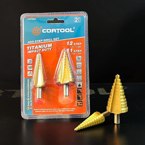 Step Drill Bit for Metal, CORTOOL Titanium High Speed Steel Set, 23 Sizes from 1/4" to 1-3/8"
