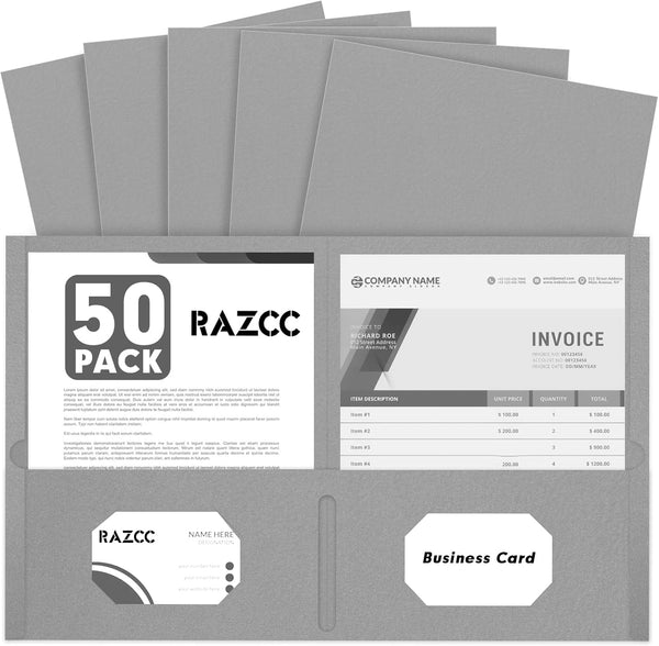 RAZCC 50 Pack Two Pocket Folders, Letter Size Paper Folders with Pockets for School Office Business, Grey