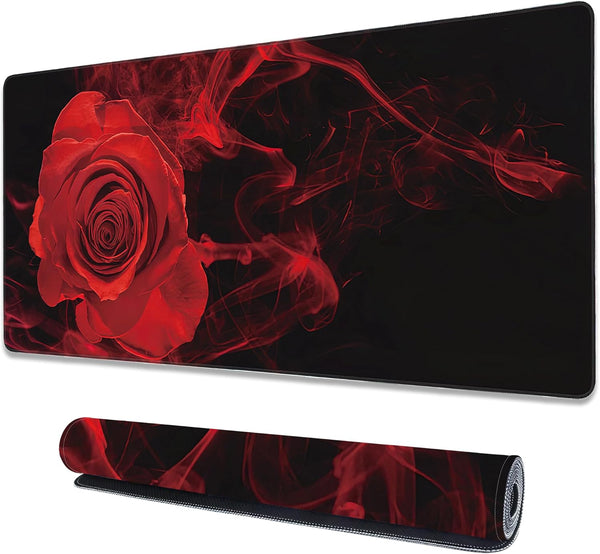 Large Extended Mouse Pad Red Smoke Rose Desk Mat, Big Desk Pad with Thick Stitched Edges for Home Office or Gaming,