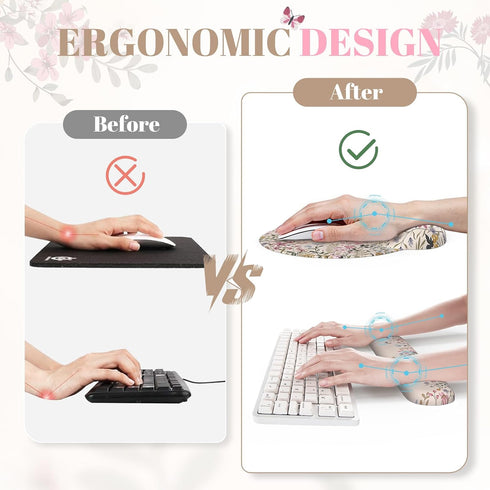 iCasso Set,Large Desk Mat Mouse Pad with Wrist Rest,Ergonomic Keyboard Wrist Support for Women,Girly Floral Computer