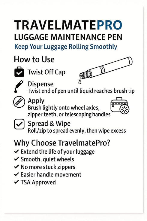 Travelmate Pro Luggage Wheel Lubricant Pen Fix Stuck Suitcase Wheels Instantly Smooth Rolling Travel TSA Approved
