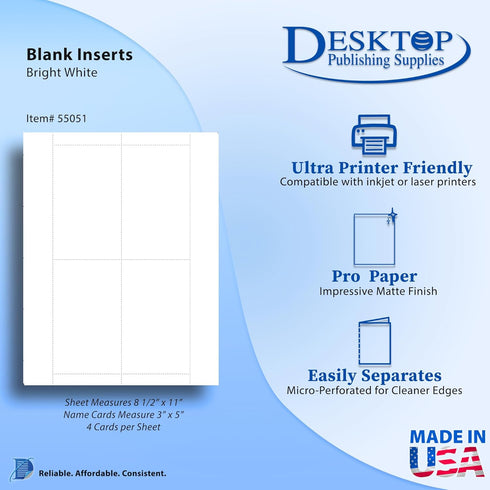 4up 3" 5" 80lb (100 400 Matte White x Index Cards - Heavy Cover Matte Cardstock Perforated - Inkjet & Laser Printer