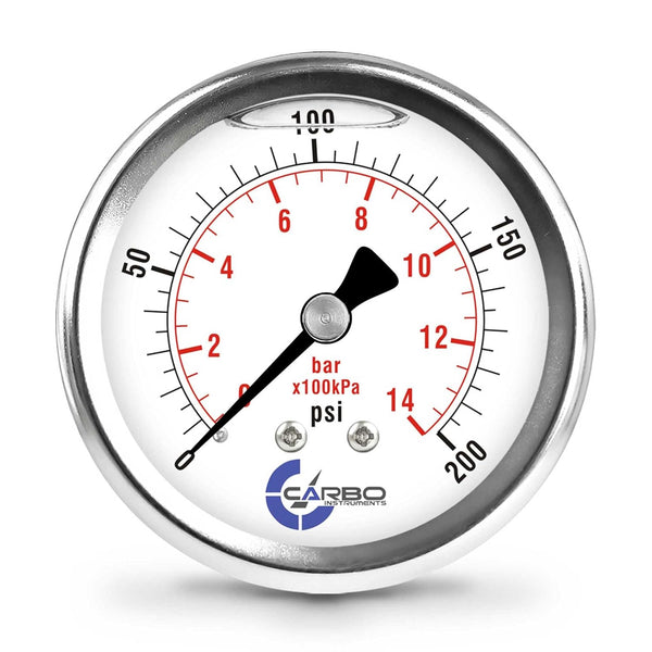 2 1-2" Pressure Gauge, Stainless Steel Case, Chrome Plated Brass Connection, Liquid Filled, 0-200 psi/kPa, Back Mount