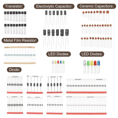 PATIKIL Electronics Component Assortment Kit, 1490Pcs Metal Film Resistors, LED Diodes, Common Diodes, Transistors, Electrolytic Capacitor, Ceramic Capacitors