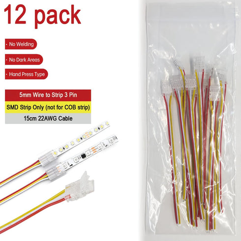 BOKUNBOBK 15cm 12 Pack 3-Pin 5mm 12pcs) LED Strip Connectors with Cable, Solderless Clear Clips, No Welding Hand Press
